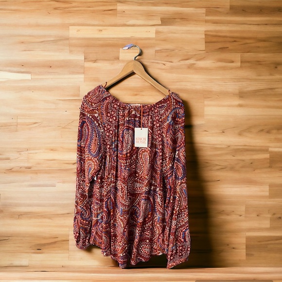 NEW Knox Rose Deep Hibiscus Boho Long Sleeve Paisley Rayon Button Blouse Large - Picture 2 of 6